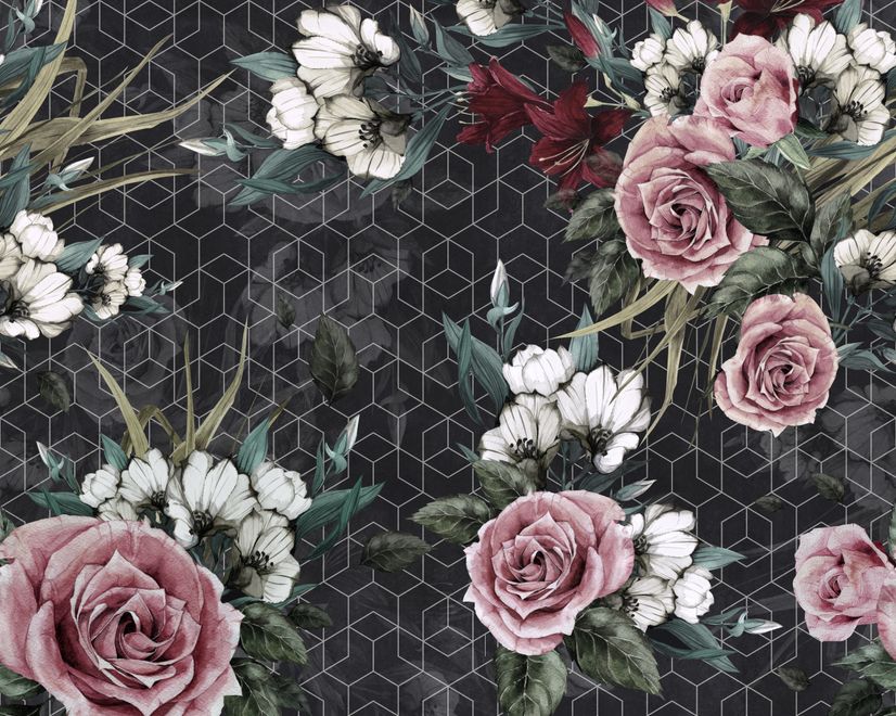 Colorful Floral with Dark Geometric Pattern Wallpaper Mural