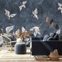 Fototapete Dunkelblaue Blätter im Grunge-Stil mit Kranichen