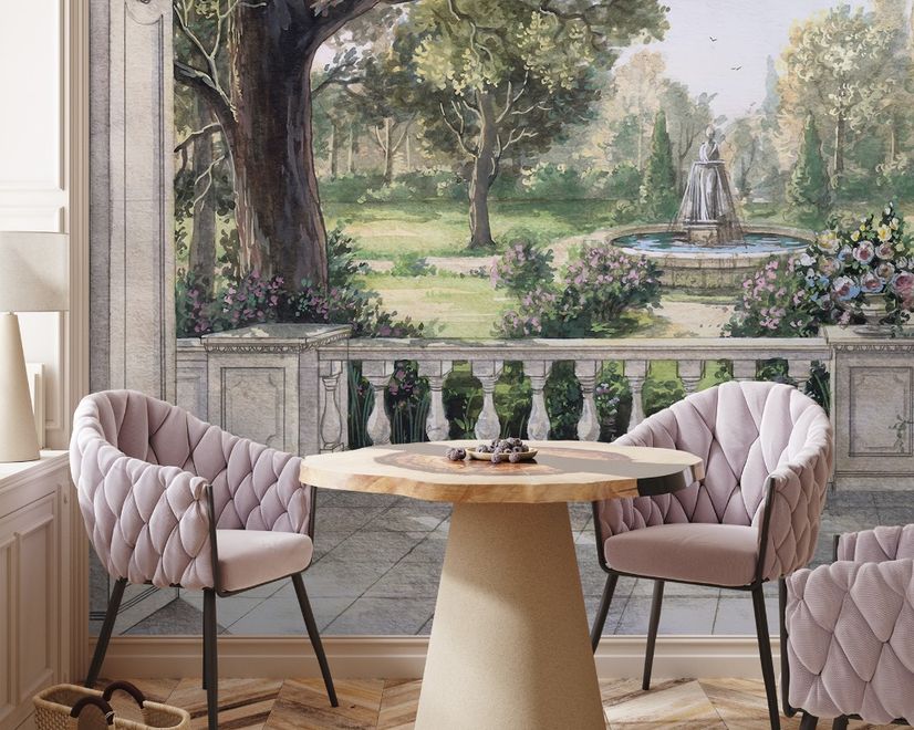 Soft Drawing Forest with Marble Fountain Wallpaper Mural