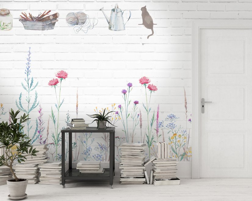 Aquarell Bunte Blumen mit Weißer Ziegelwand Fototapete