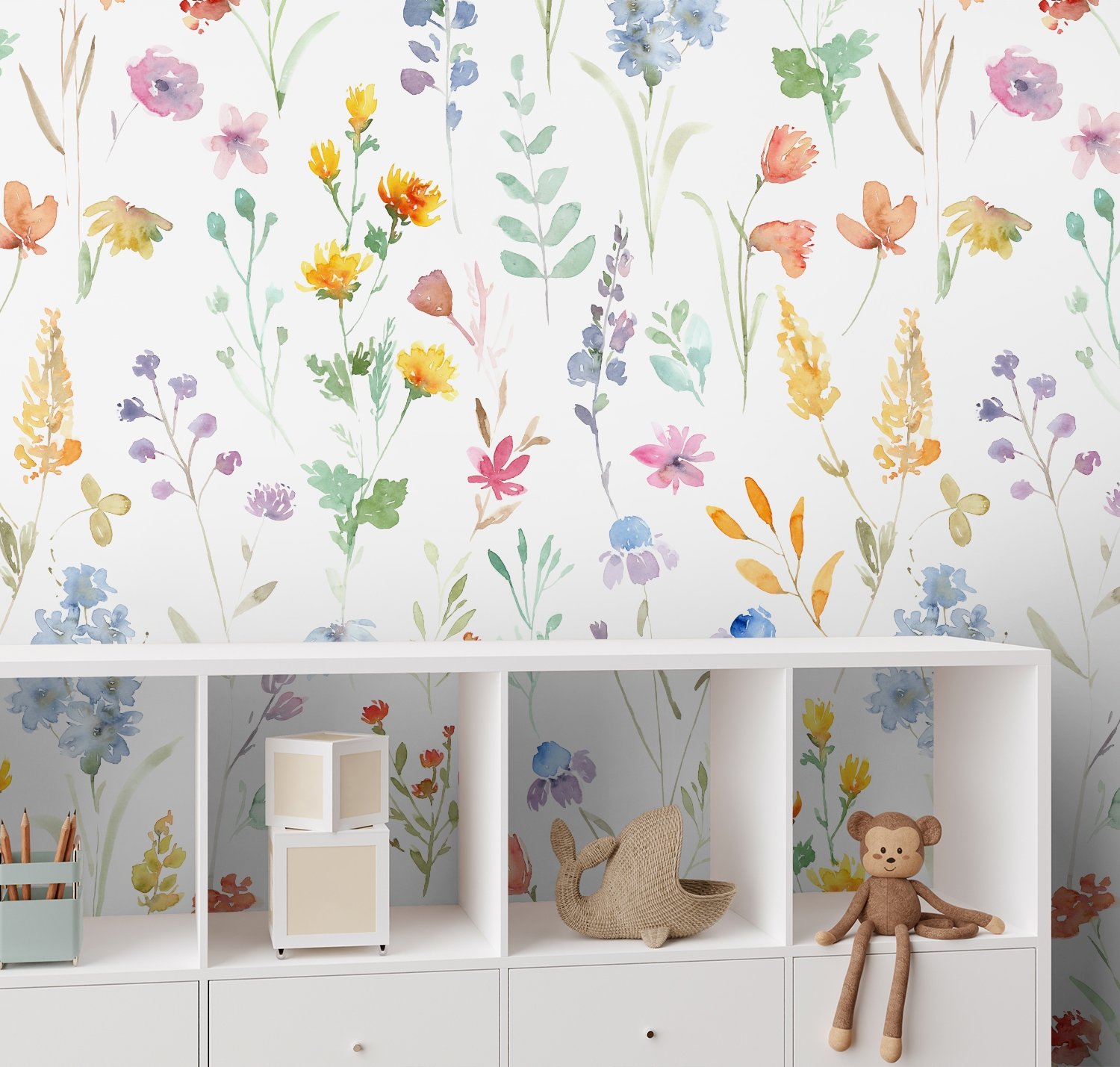 Watercolor Colorful Botanical Wild Flower Wallpaper Mural - Peel and Stick