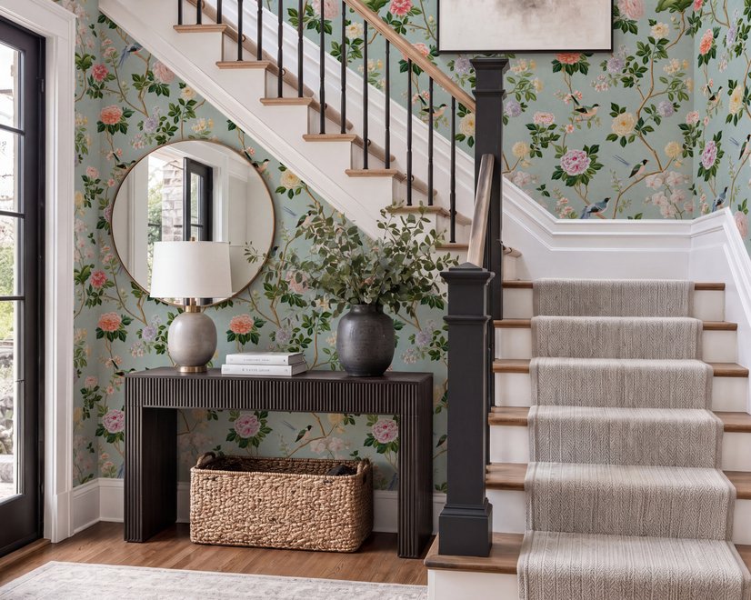 Chinoiserie wallpaper with peach birds, orchids and peonies on a pale duck egg blue ground