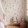 Woodland nursery wallpaper pattern with watercolour fawns, fox cubs, rabbits, teddy bears, birds and ducklings on cream