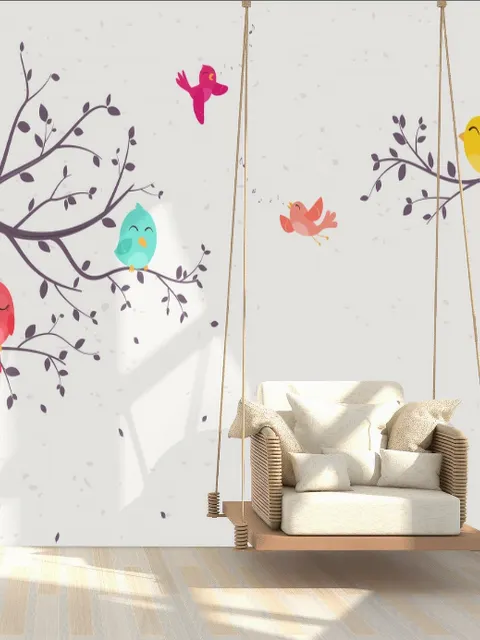 Kids Cartoon Tree with Colorful Singing Birds Wallpaper Mural