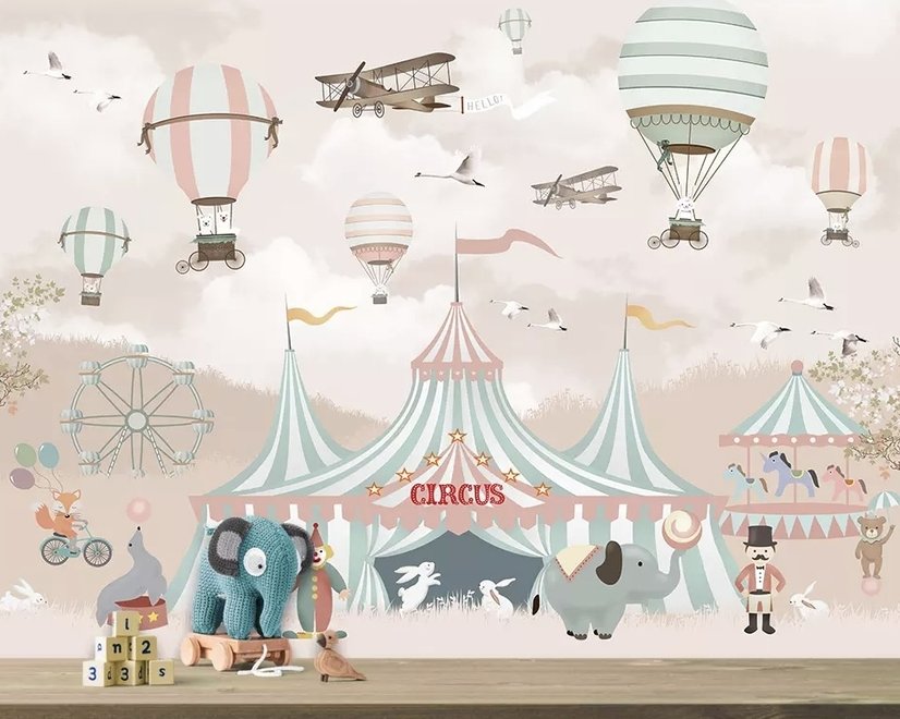 Papier peint panoramique cirque de dessin animé pour enfants avec montgolfière