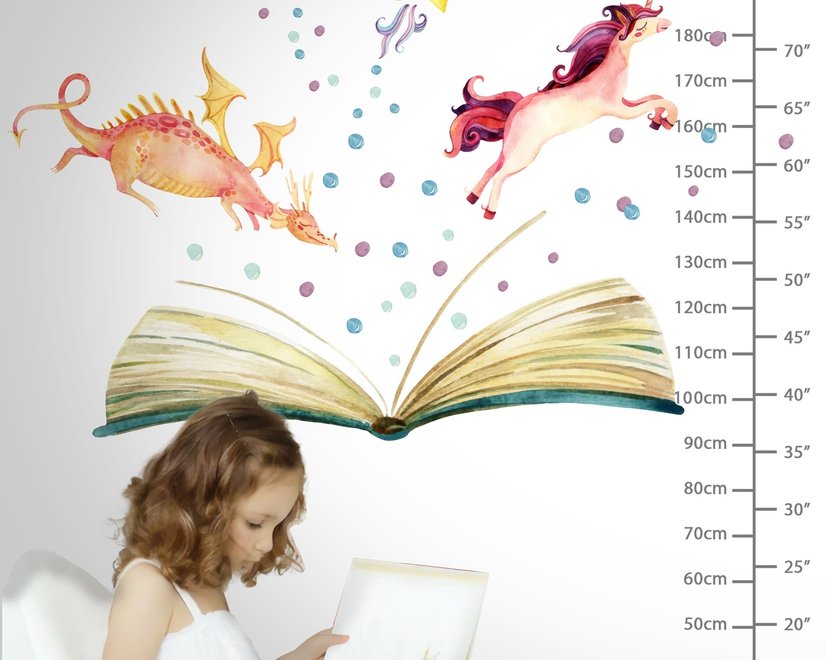 Stickers muraux licorne et dinosaures dans un livre d’histoires aquarelle pour enfants