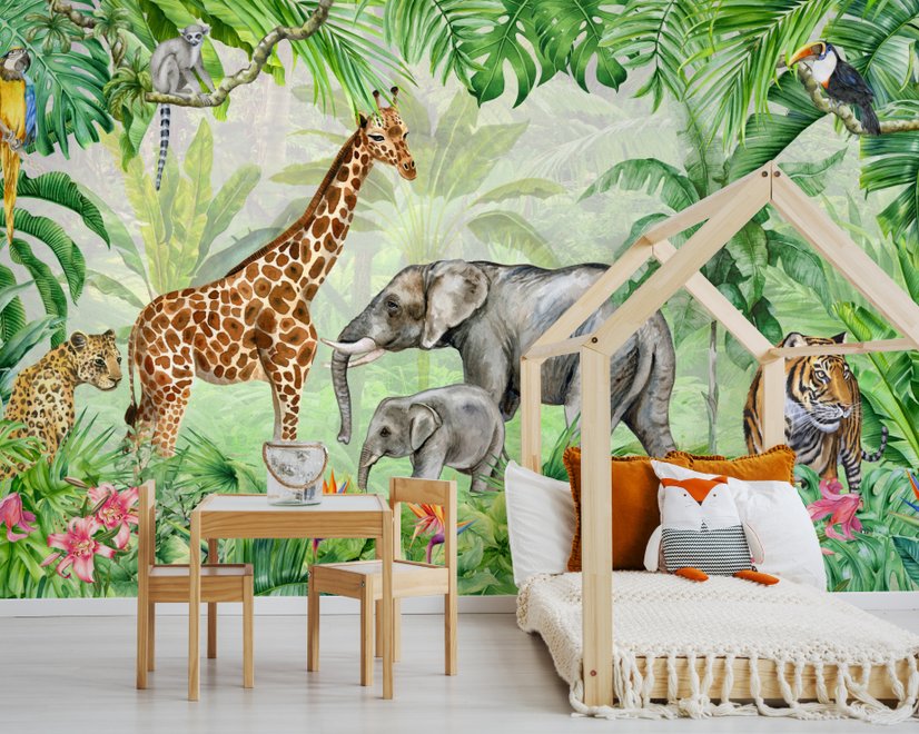 Kinder Safari Aquarell Tropischer Wald Dschungeltiere Fototapeten