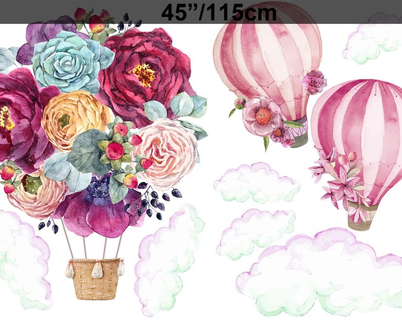 Colorful Floral Bouqet Hot Air Balloon and Pink Clouds Wall Decal Sticker