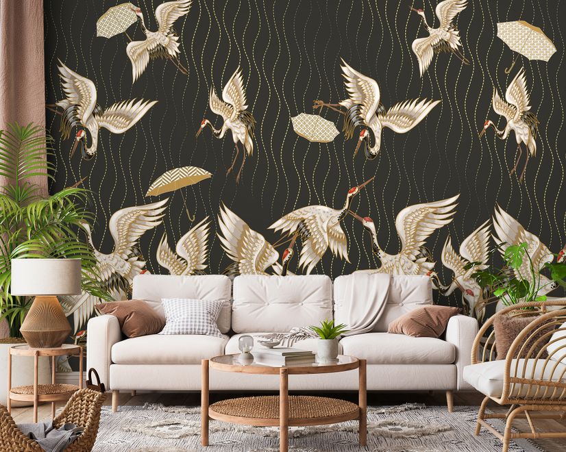 Gold Style Vintage Asian Crane Birds Wallpaper Mural