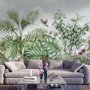 Papier peint feuilles tropicales oiseaux fleurs