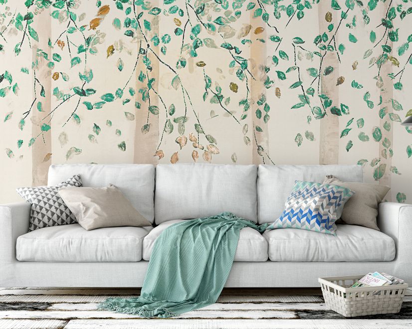 Watercolor Style Forest with Green Brown Little Leaves Wallpaper Mural