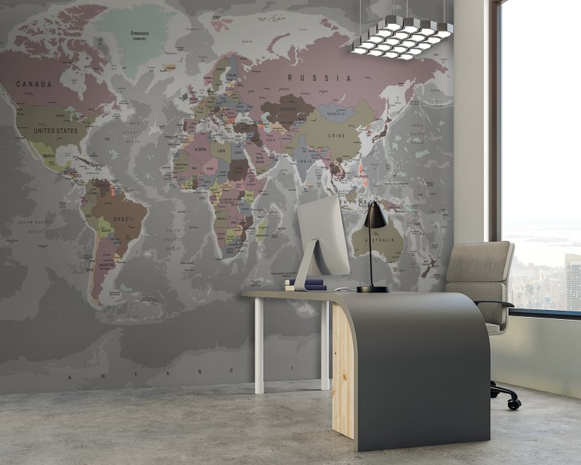 Papier peint panoramique de la carte du monde aux couleurs douces