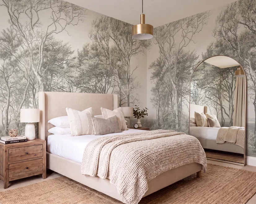 Coastal woodland wallpaper mural with grey trees, sandy path, sea horizon and small white sailboats