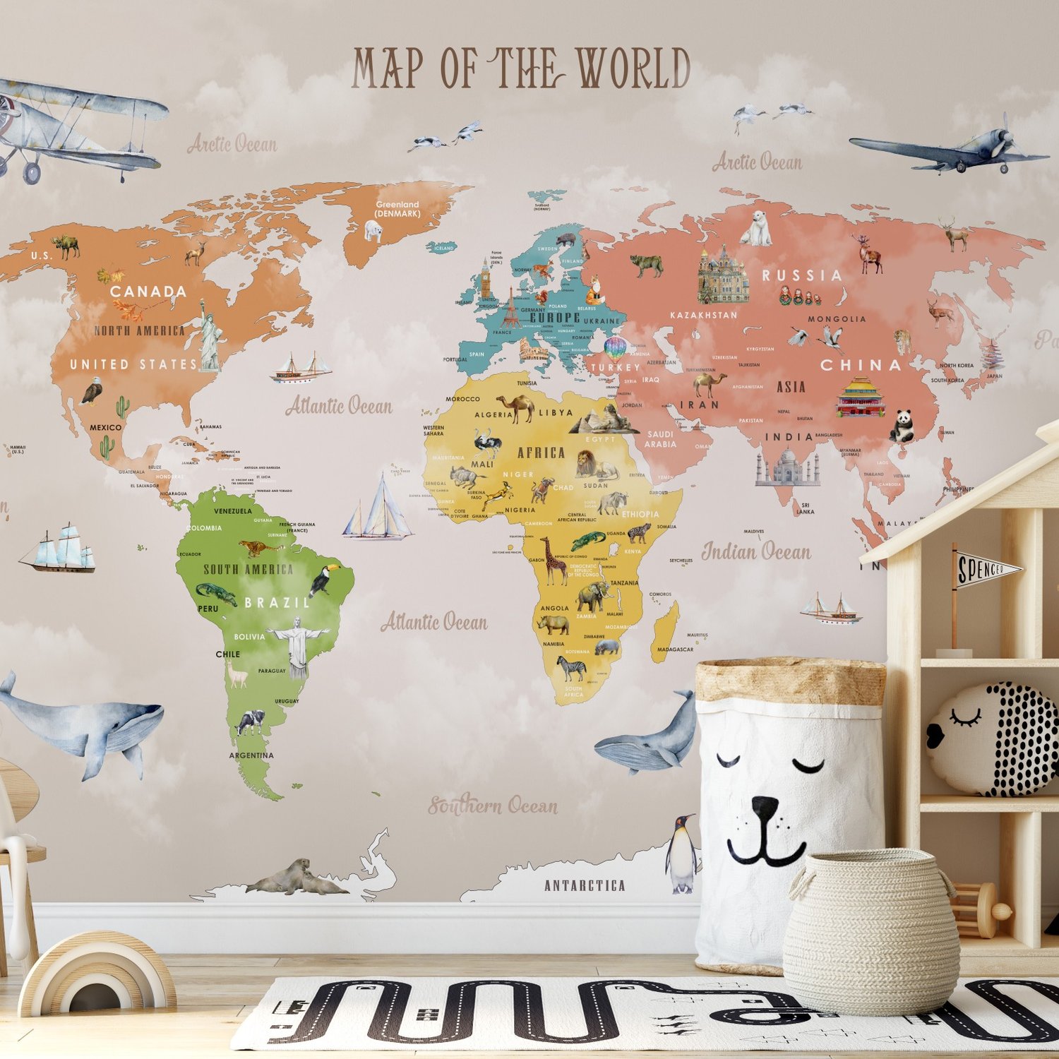 Colorful Kids World Map Wallpaper Mural - Peel and Stick