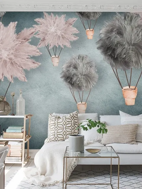 Papier peint panoramique ballon à air chaud en plumes gris et rose