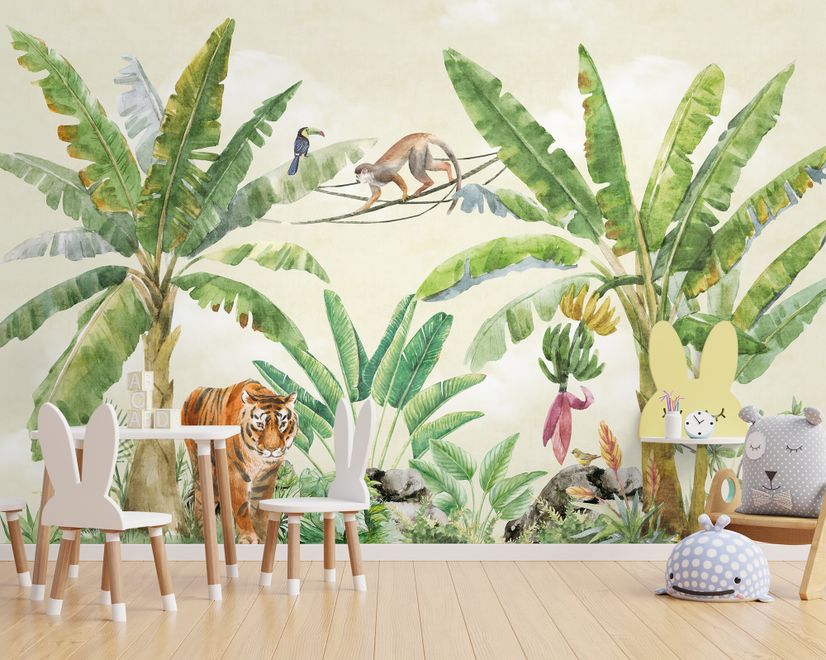 Watercolor Safari Animals in the Rainforest Wallpaper Mural for Kids