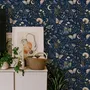 Midnight navy moody botanical wallpaper with lavender butterflies, ivory moons, gold stars, flowers and mushrooms