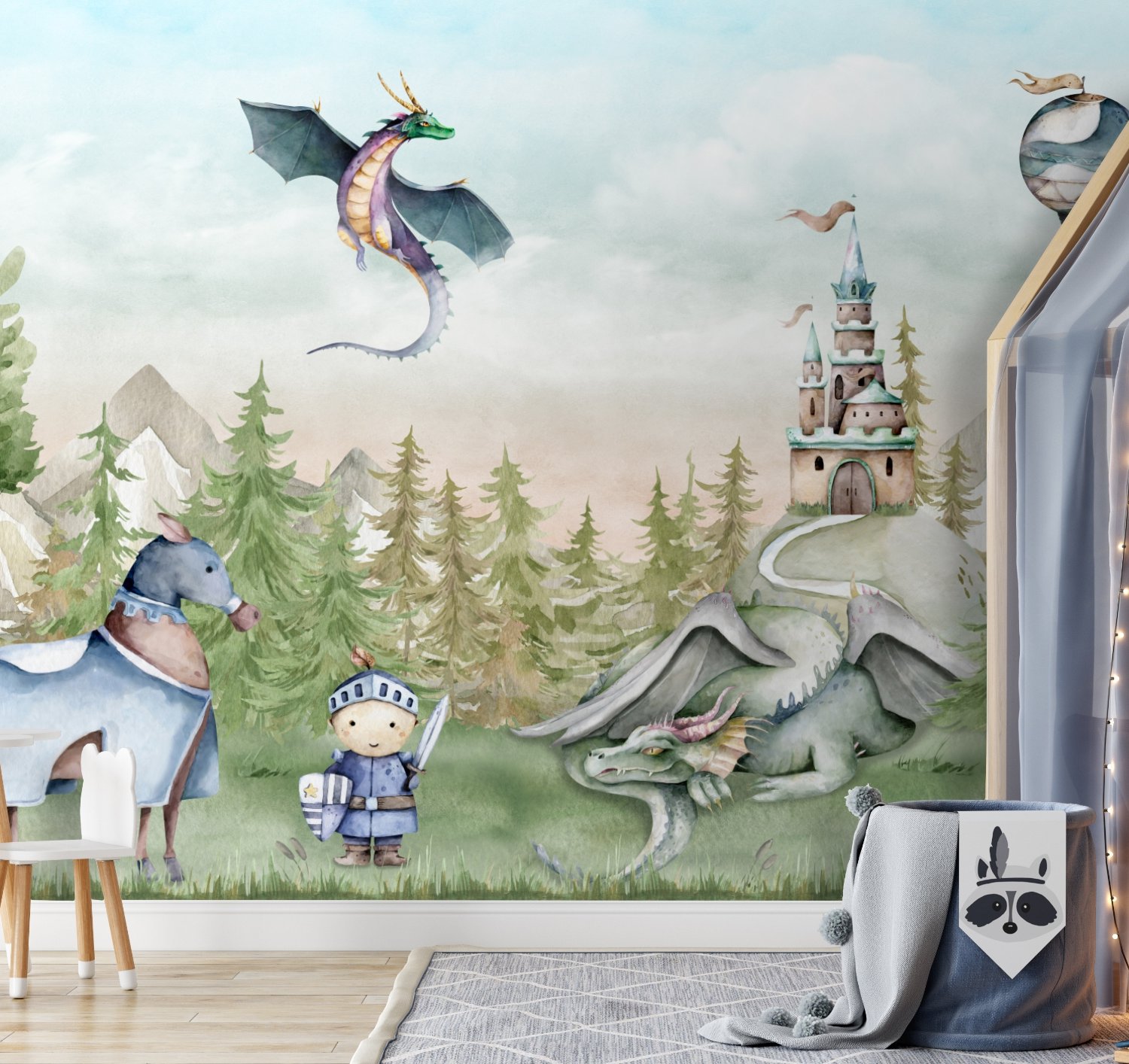 Kids Dragons Fairytale Cute Prince and Princess Wallpaper Mural - Peel and Stick