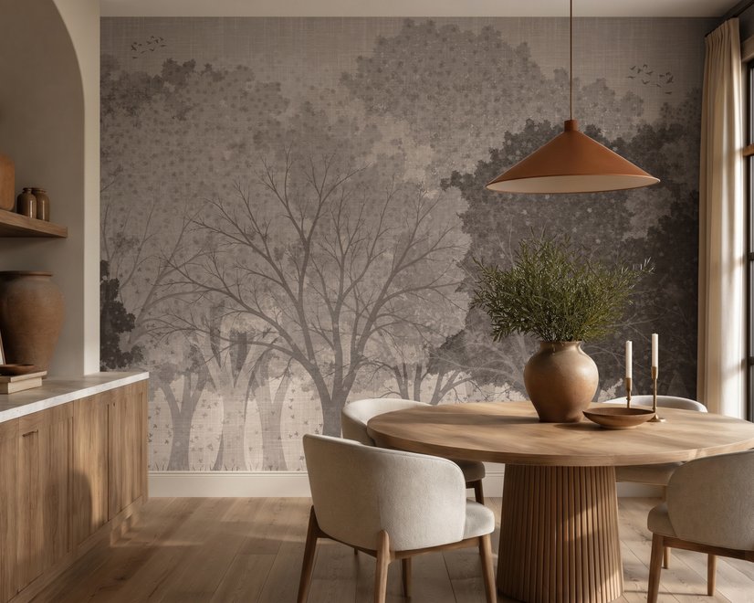 Misty forest nature wallpaper mural in greige, taupe and charcoal watercolour with birds
