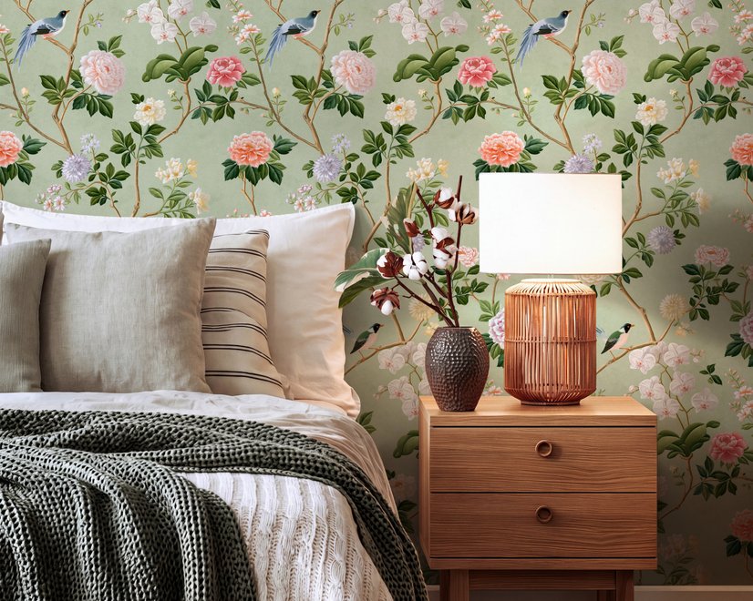 Celadon-sage chinoiserie wallpaper with blue-grey birds, tan branches, pink peonies and white orchids