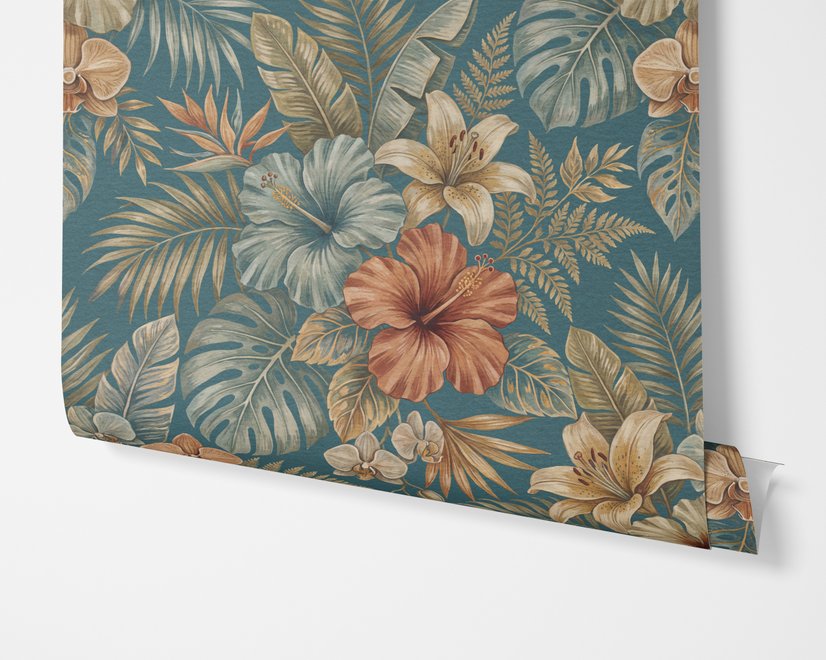 Blue tropical wallpaper with hibiscus, orchids, lilies, monstera leaves and palm fronds on a deep teal-blue ground