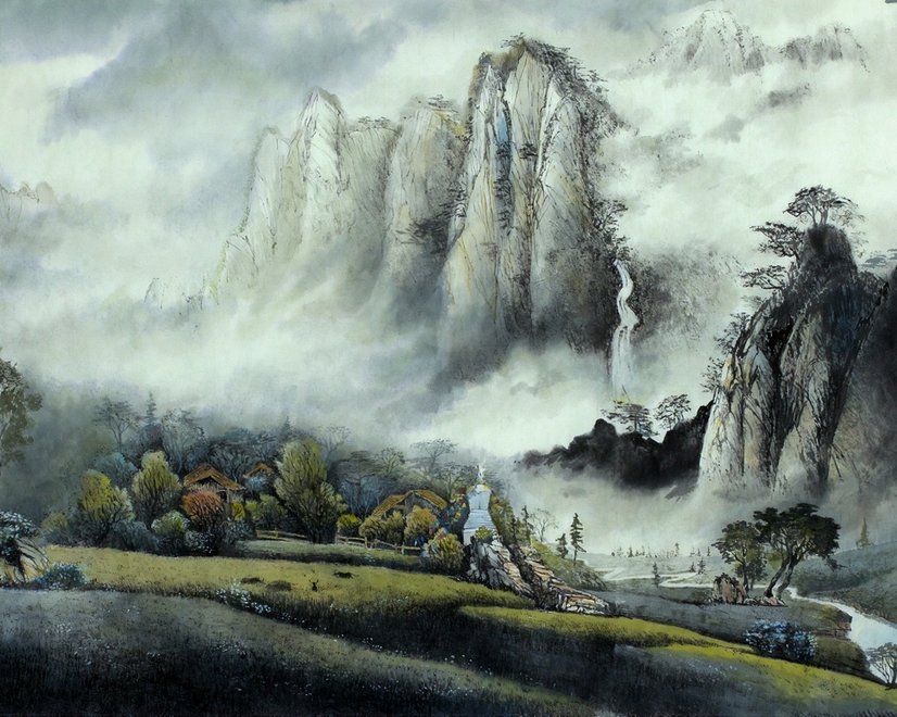 Nebelige Chinesische Berglandschaft und Wasserfälle Fototapete