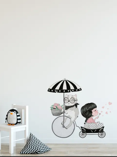 Chat mignon et belle fille à vélo Sticker Stickers muraux