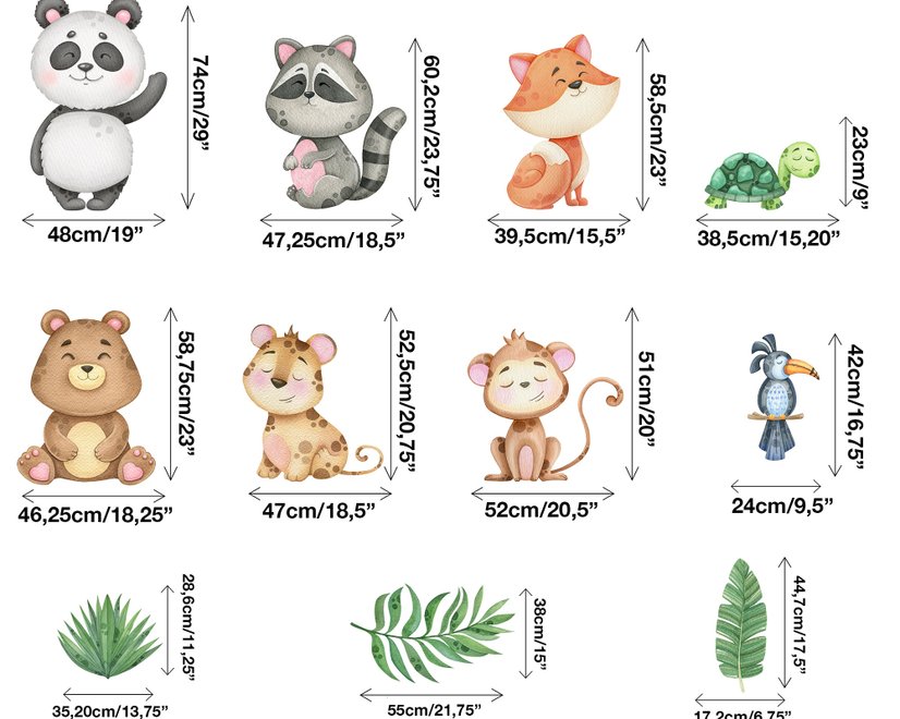 Kids Cute Animals with Banana Leaves Wall Decal Sticker
