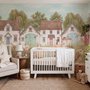 Watercolour rustic farmhouse wallpaper mural with horse, cow, llama, dog, tractor and cottage barns in a wheat meadow