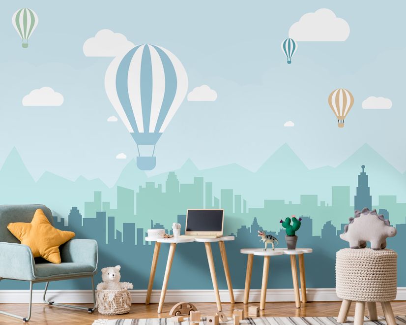 Hot Air Balloon and Blue City Landscape Wallpaper Mural