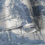 Blue forest background wallpaper mural with coastal trees, sea water and small white sailboats