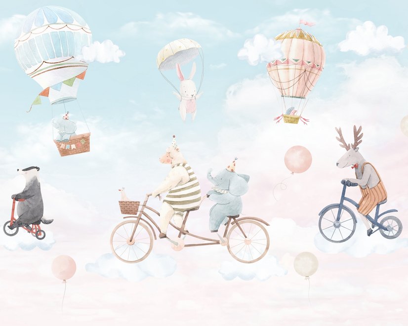 Watercolor Happy Animals in the Sky for Kids Wallpaper Mural