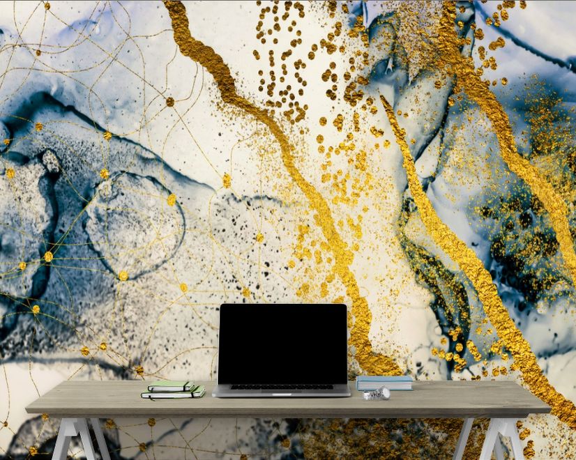 Dark Blue Ocean Brushes with Gold Style Waves Wallpaper Mural