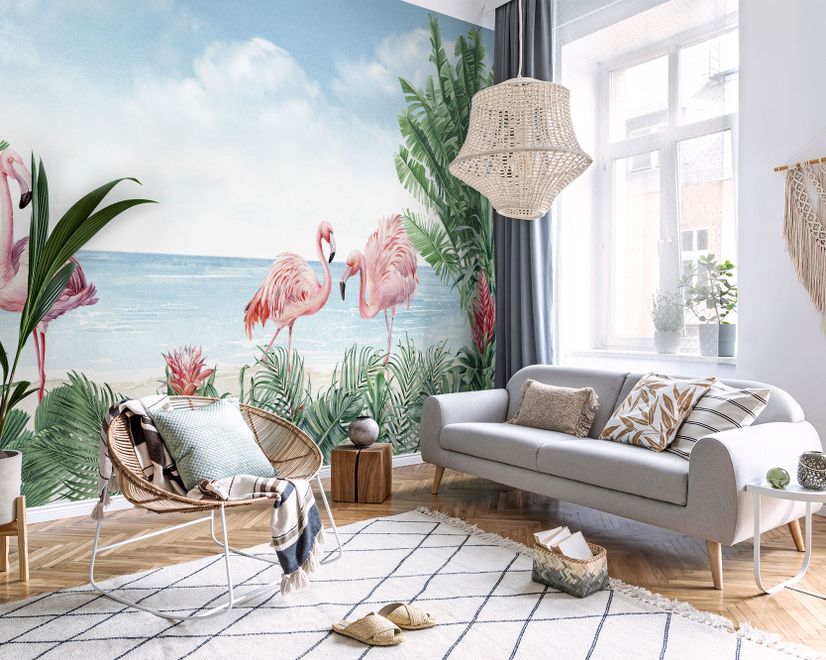 Tropische Landschaft mit Flamingos Fototapete