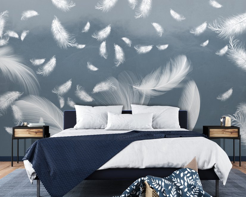 Papier peint panoramique plumes bleues