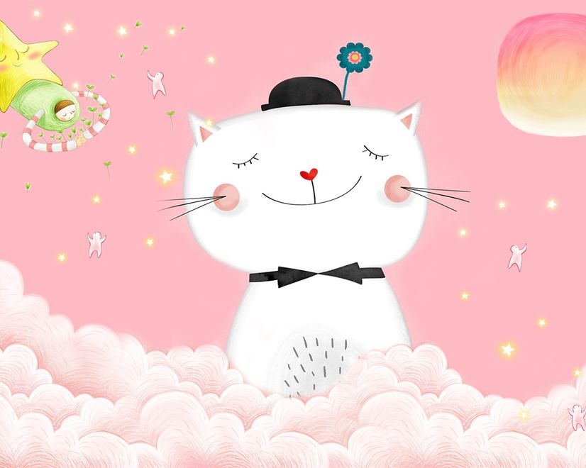 Fototapete Cartoon Glückliche Katze auf den Rosa Wolken