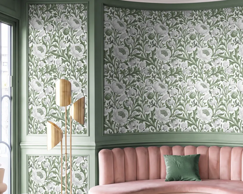 Sage green botanical floral wallpaper with white poppy flowers, lobed leaves and dotted seed centres