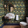 Art Deco feathers wallpaper with turquoise peacock eyes, gold plumes and navy teal ground