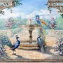 Papier peint panoramique jardin peint avec fontaine, paon et colonne romaine