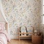Watercolour wildflower wallpaper with pastel flowers and sage leaves on a white ground