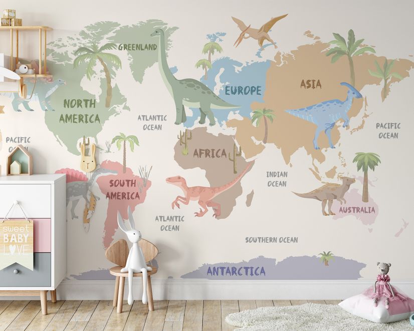 Kids Dinosaurs World Map Wallpaper Mural