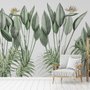 Papier peint panoramique vintage avec feuilles de palmier et oiseaux colorés