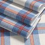 Blue and red plaid wallpaper with denim blue, cream and sky blue woven checks and fine red stripes