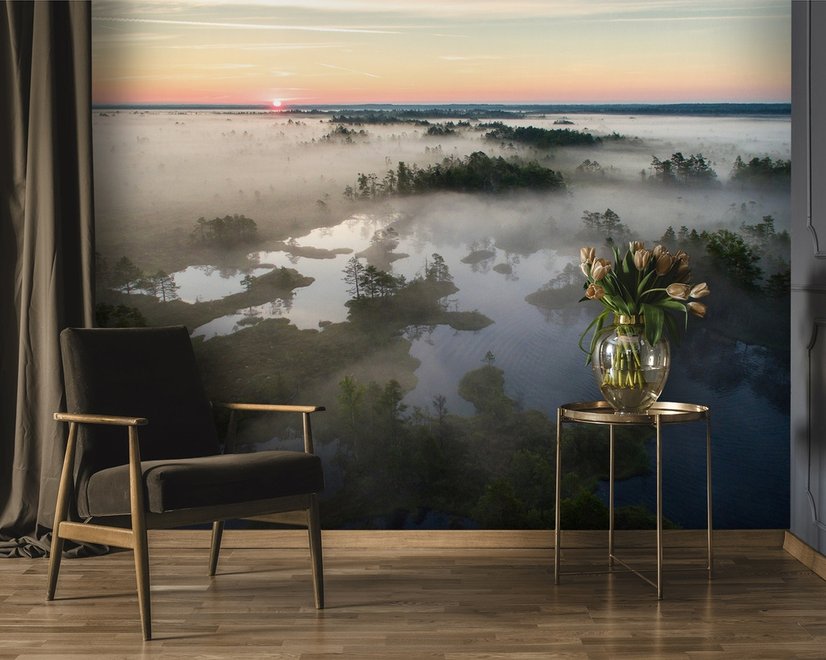 Foggy Rive Forest Landscape Wallpaper Mural