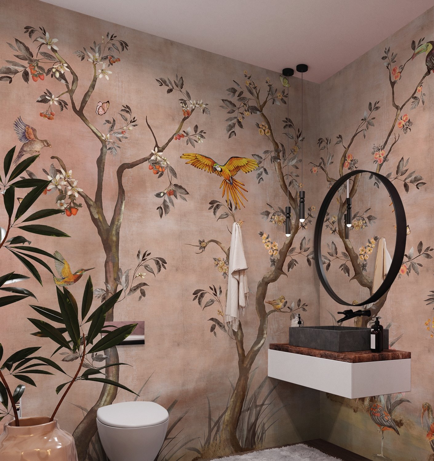 Watercolor Chinoiserie Fruit Trees Wallpaper Mural - Peel and Stick