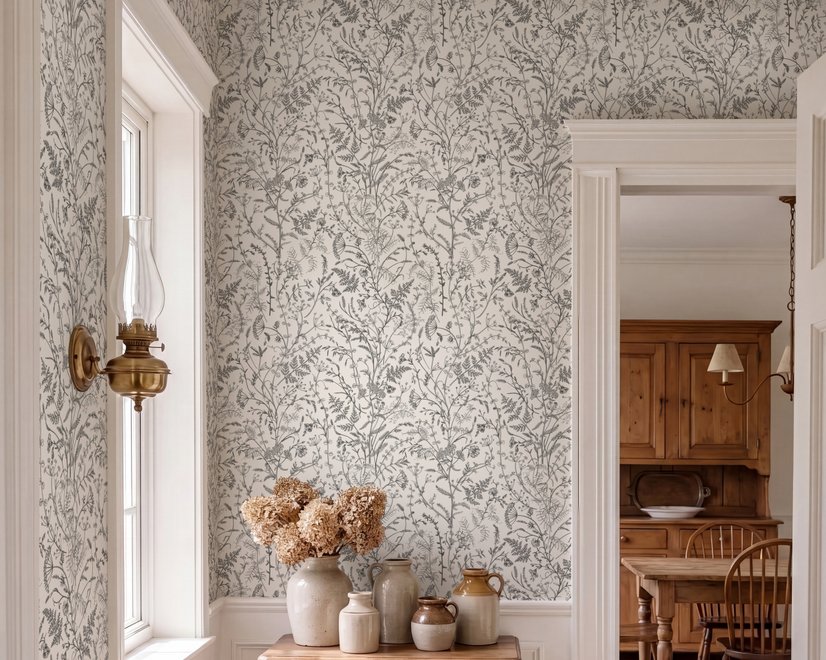 Black outline botanical wallpaper with charcoal wildflowers and grasses on a warm ivory cream ground