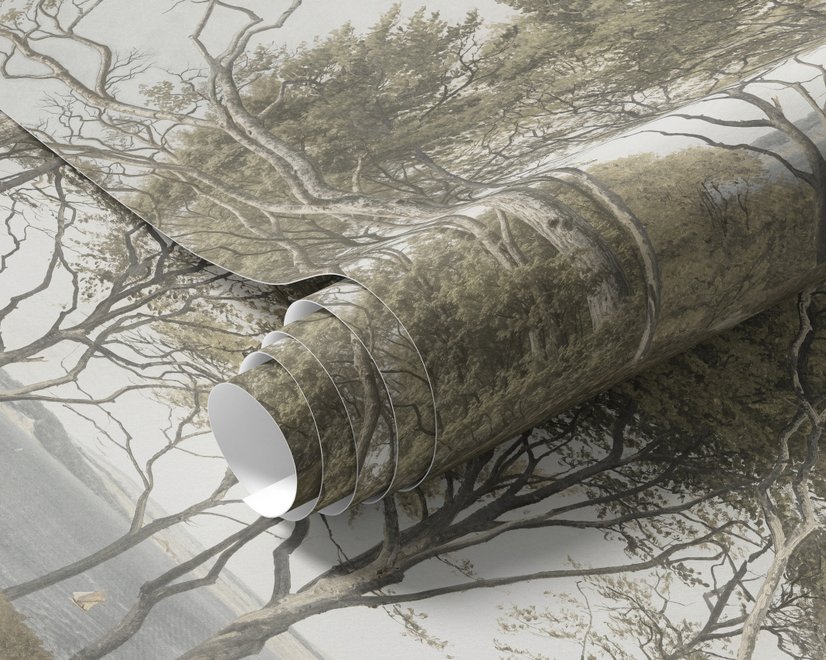 Tree wallpaper forest mural with olive coastal woodland, bare branches, shoreline path and small sailboats