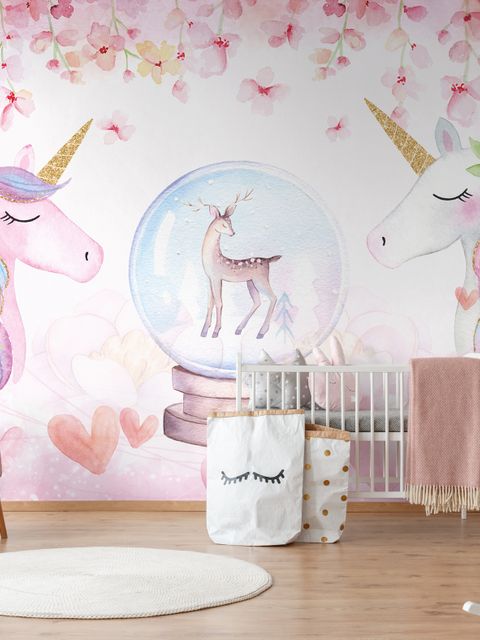 Papier peint licorne filles fleurs roses enfants