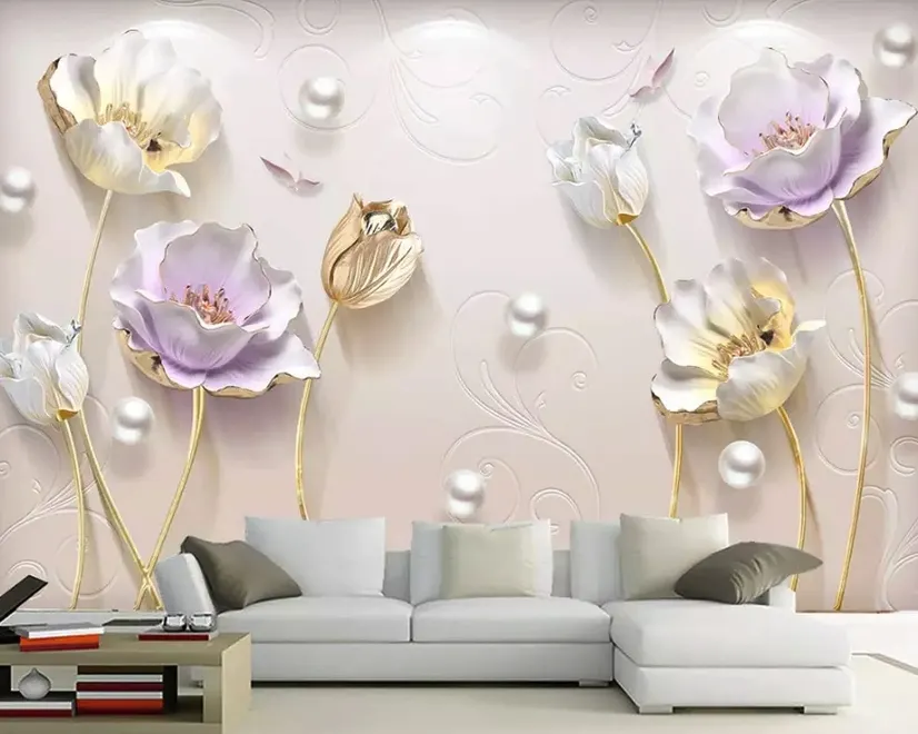 3D Embossed Look Tulip Floral Wallpaper Mural