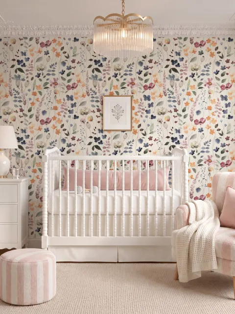 Watercolour floral wallpaper repeat with navy, blue, blush and peach wildflowers on warm cream